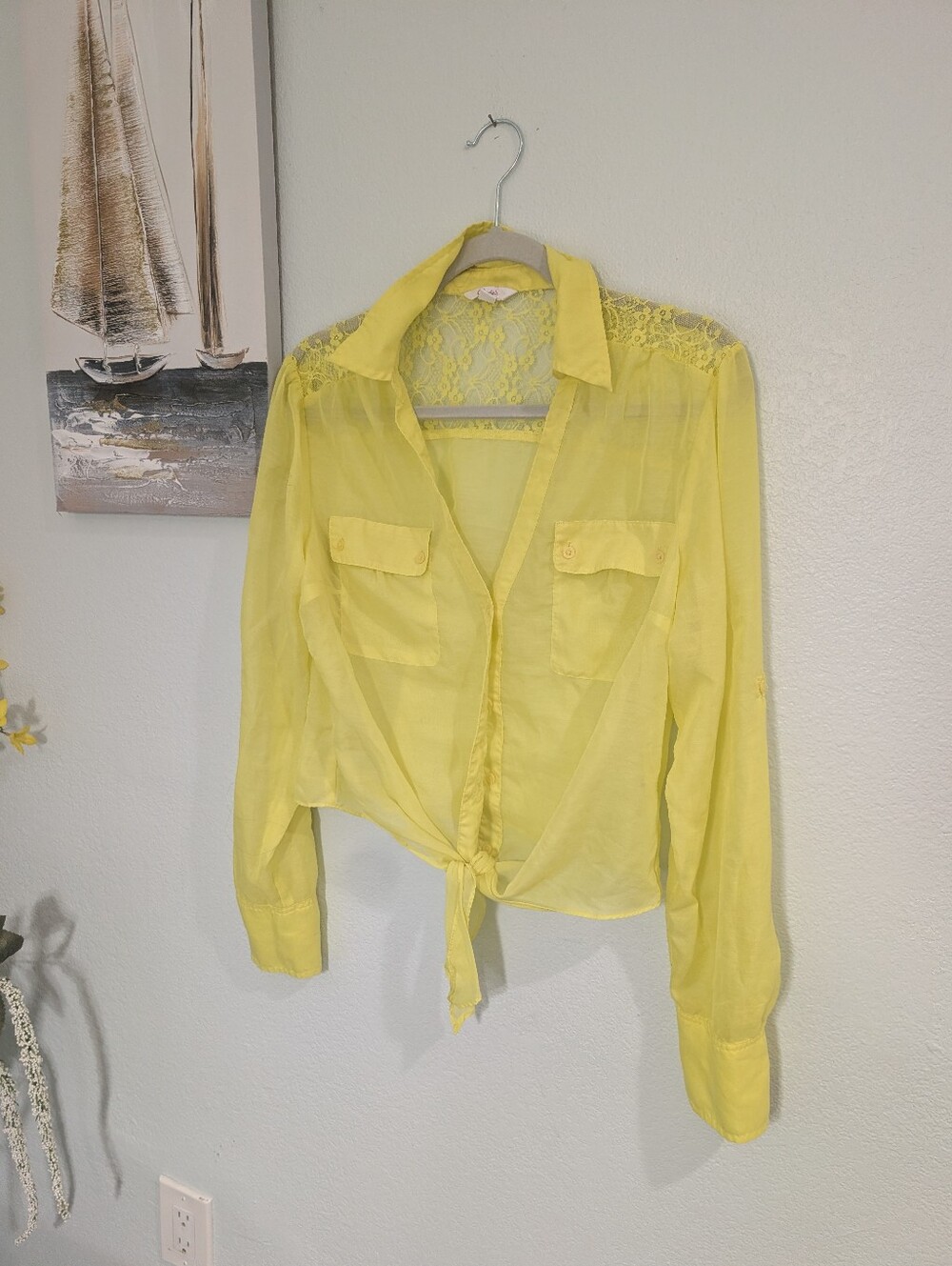 Candies Women's Yellow Lace-Back Button Tie Blouse Sheer Size Large